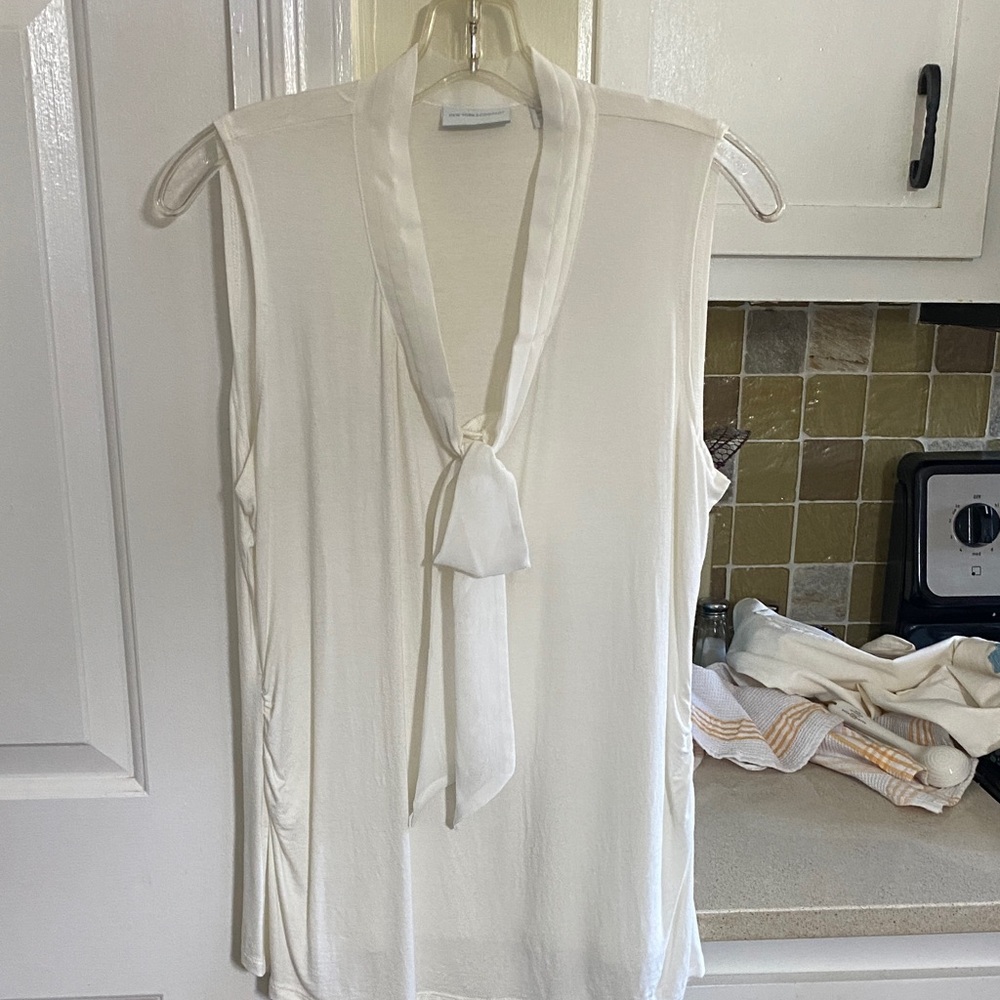 New York & Company White Tie-Neck Blouse